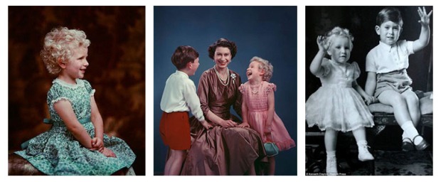 Princess Anne with Prince Charles and their mother Queen Elizabeth II, 1950's.